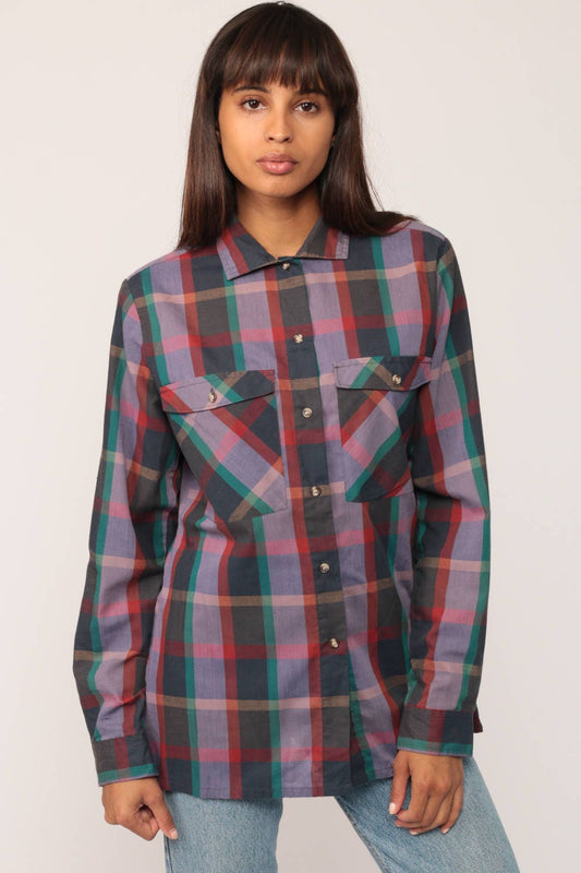 70s Lee Plaid Button-Up Shirt Purple Grey Red Green Medium