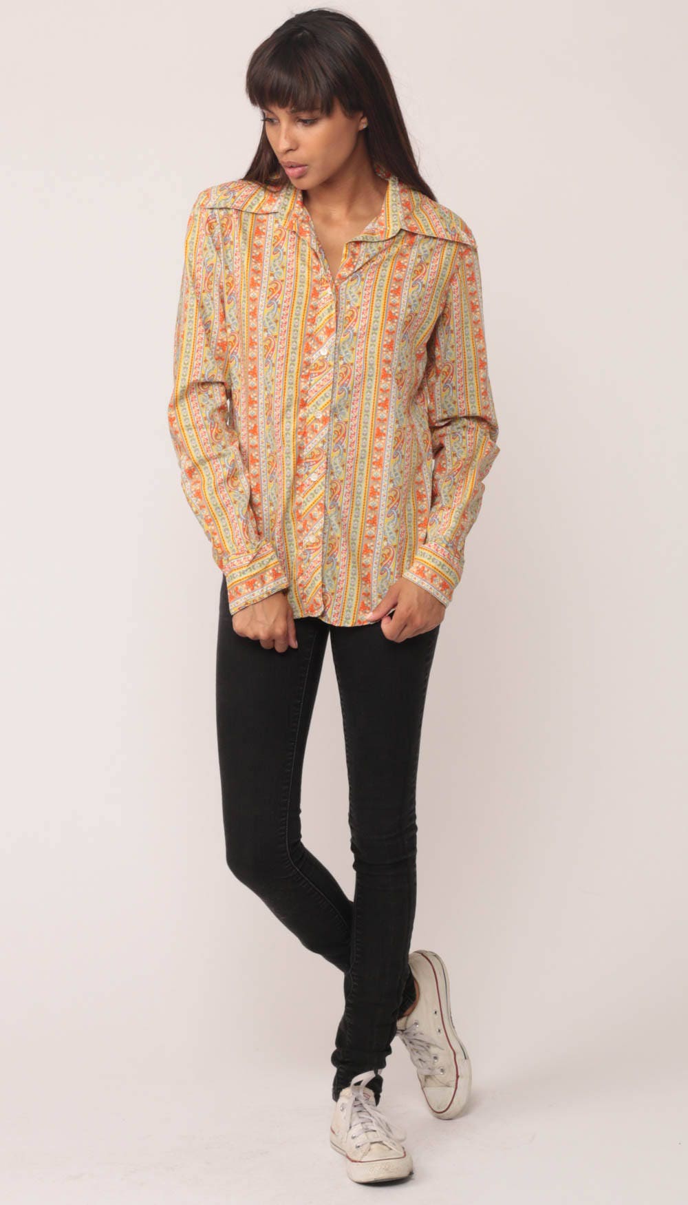 70s Saks Fifth Avenue Paisley Stripe Button-Up Blouse Long Sleeve Medium