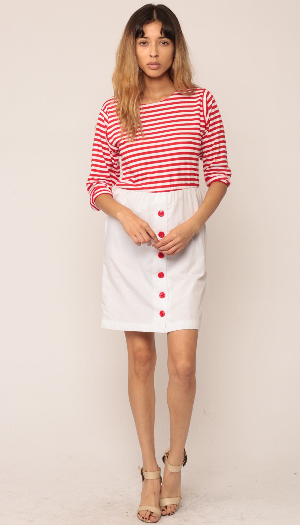 70s Striped Mini Dress Red White High Waist Button Up Skirt Small Medium