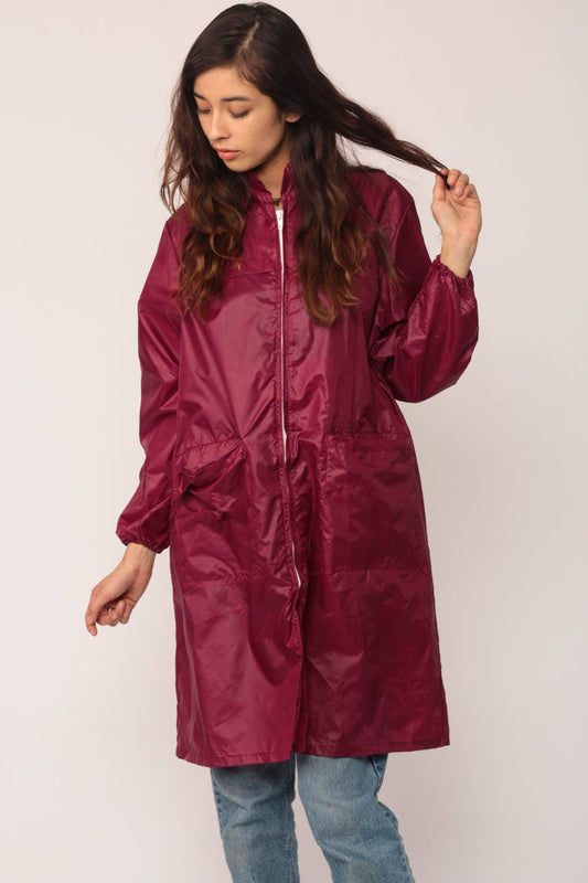 80s Burgundy Hooded Windbreaker Jacket Nylon Zip Hood Large