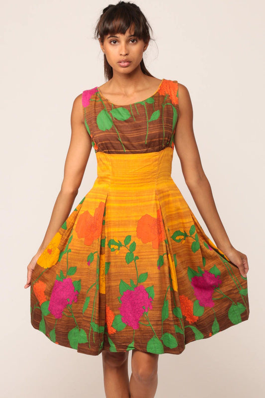 60s Floral Mini Dress Golden Yellow Brown Empire Waist Pleated Cotton Small