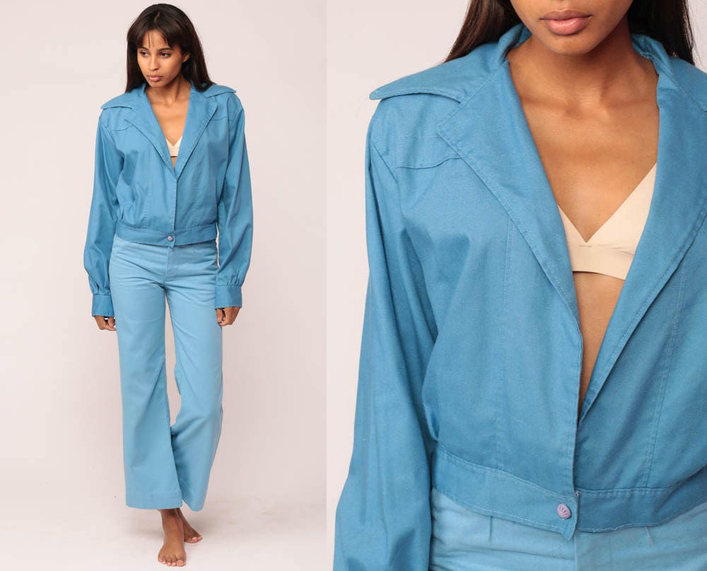 70s Blue Jacket Open Front Pointed Collar Single Button Medium