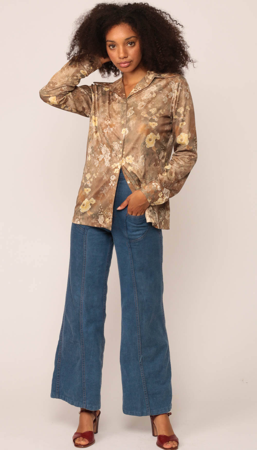 70s Floral Button-Up Blouse Brown Yellow Long Sleeve Shirt Large
