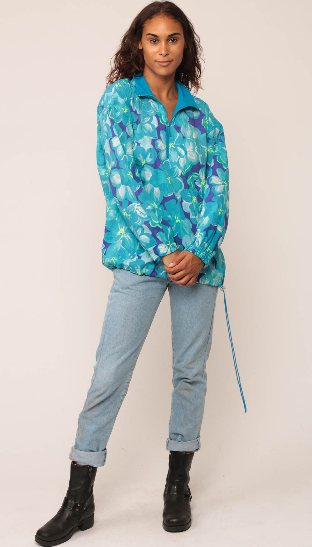 90s Floral Nylon Windbreaker Jacket Blue Half Zip Pullover Small
