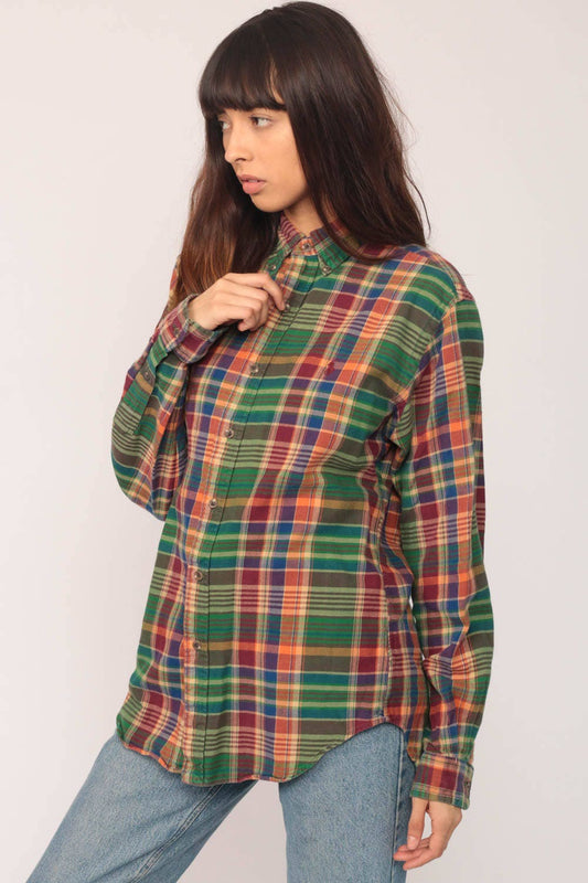 90s Ralph Lauren Green Plaid Oxford Shirt Long Sleeve Button Up Small