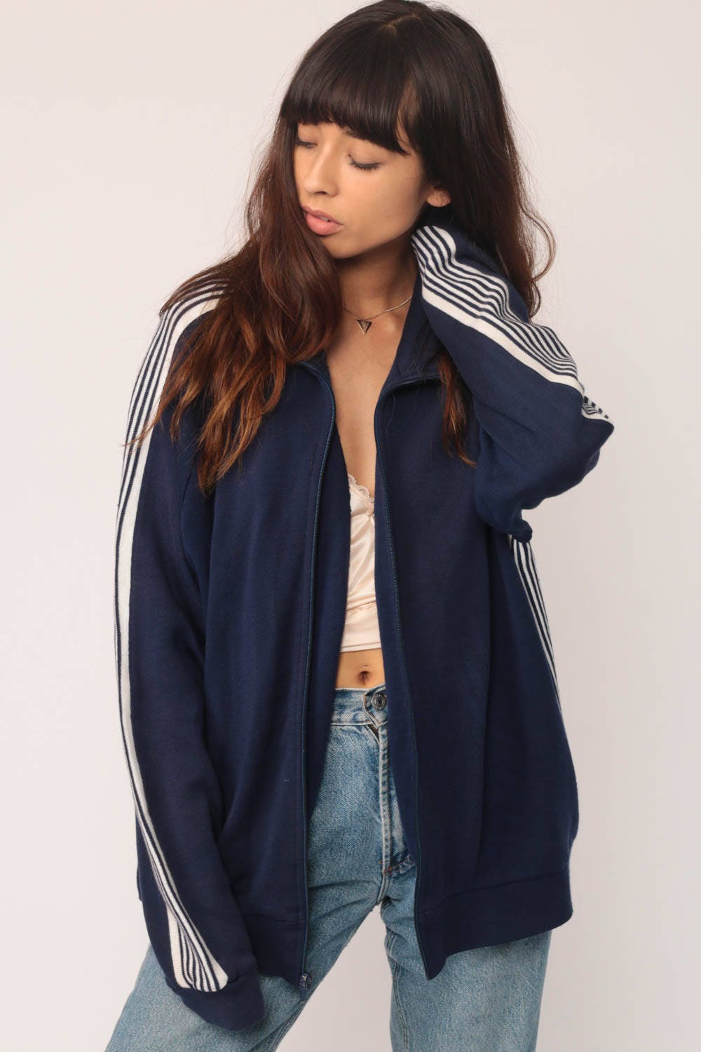 80s Dark Blue Striped Track Jacket Raglan Sleeve Zip Up Large