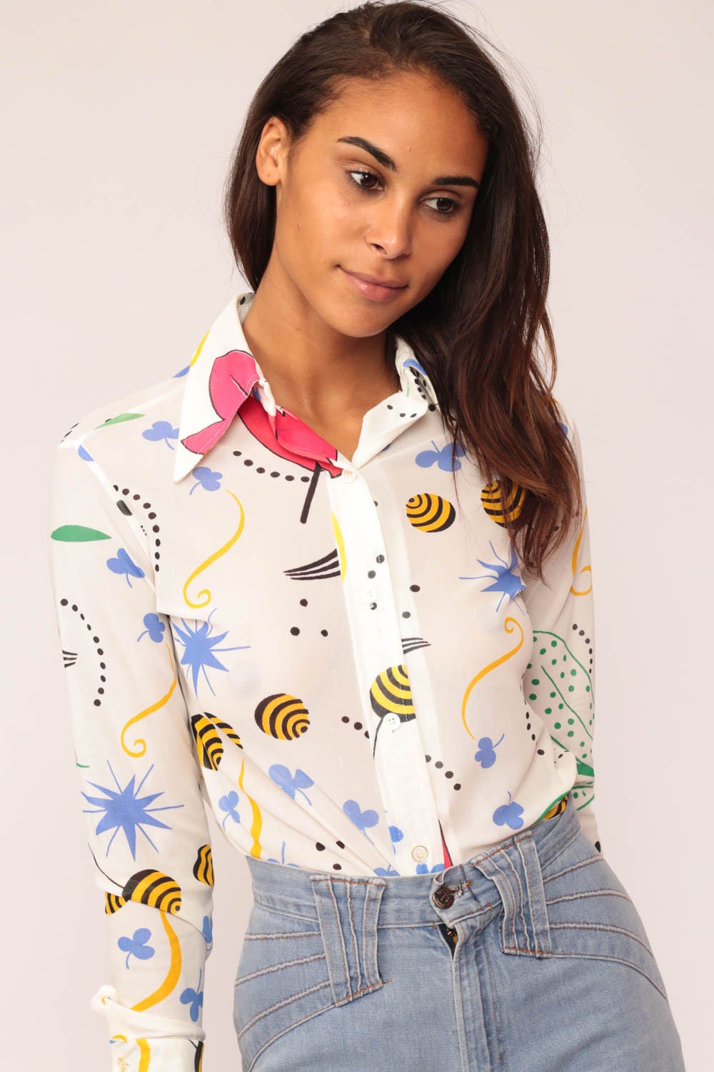 70s Geometric Shapes Button-Up Blouse Clover Star Leaf Print Small Medium