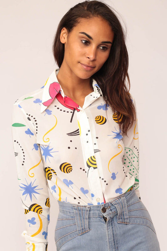 70s Geometric Shapes Button-Up Blouse Clover Star Leaf Print Small Medium