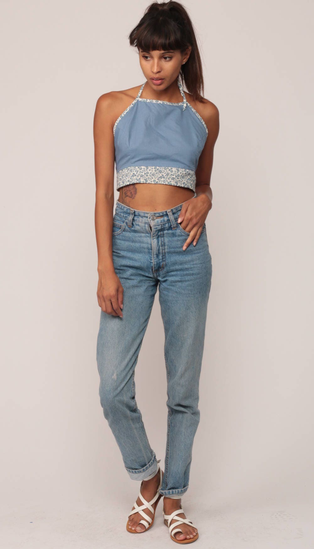 90s Blue Floral Halter Crop Top Backless Tie-Back Blouse Extra Small