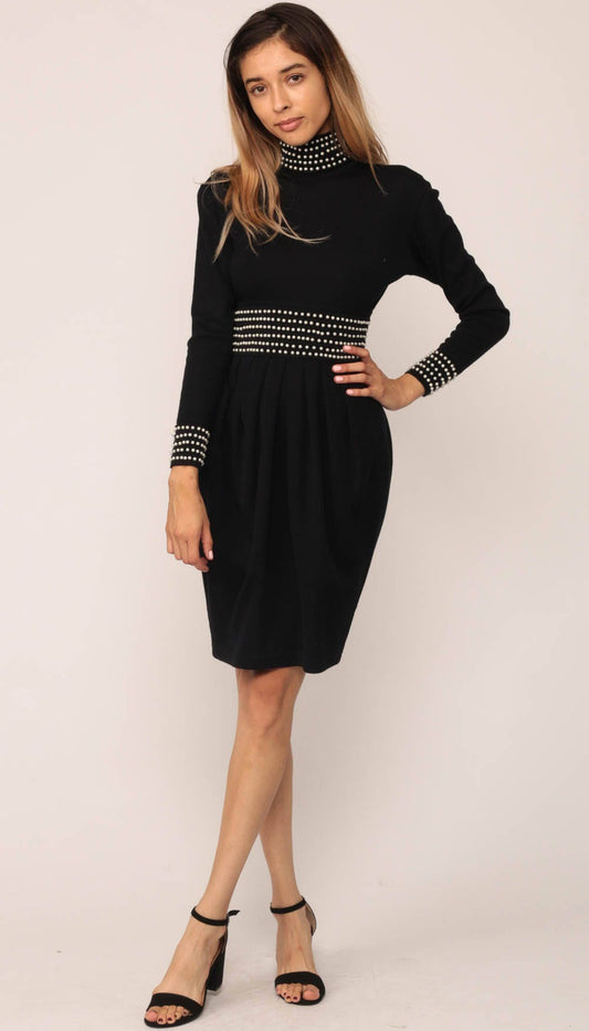 80s Black Wool Pearl Beaded Mini Dress High Waist Long Sleeve Extra Small XS