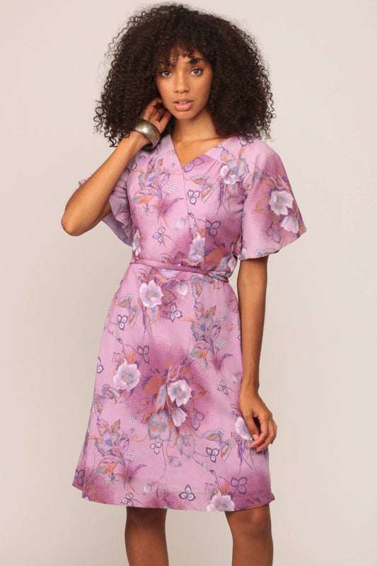 70s Purple Floral Butterfly Midi Dress High Waist Wrap Belted Medium