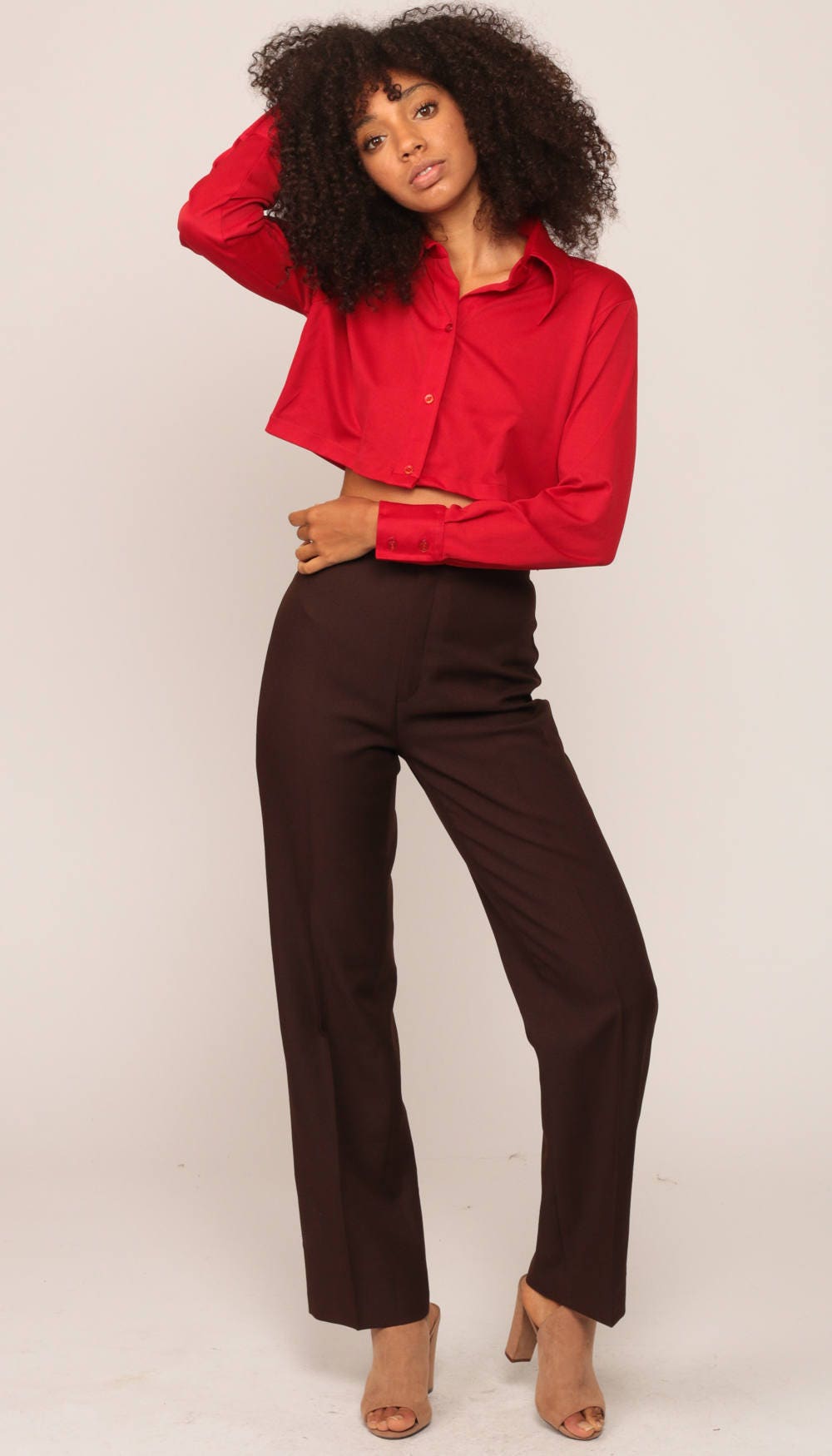 70s Red Crop Top Button-Up Collared Shirt Long Sleeve Small Medium