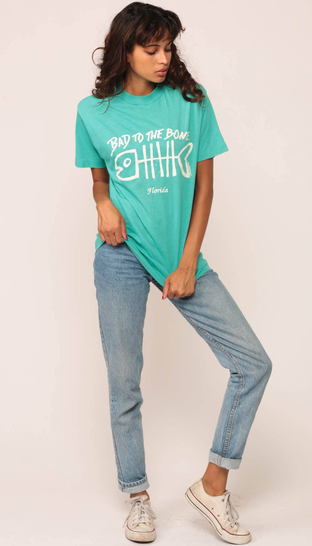 90s Florida Bad to the Bone Fish Graphic T-Shirt Turquoise Medium