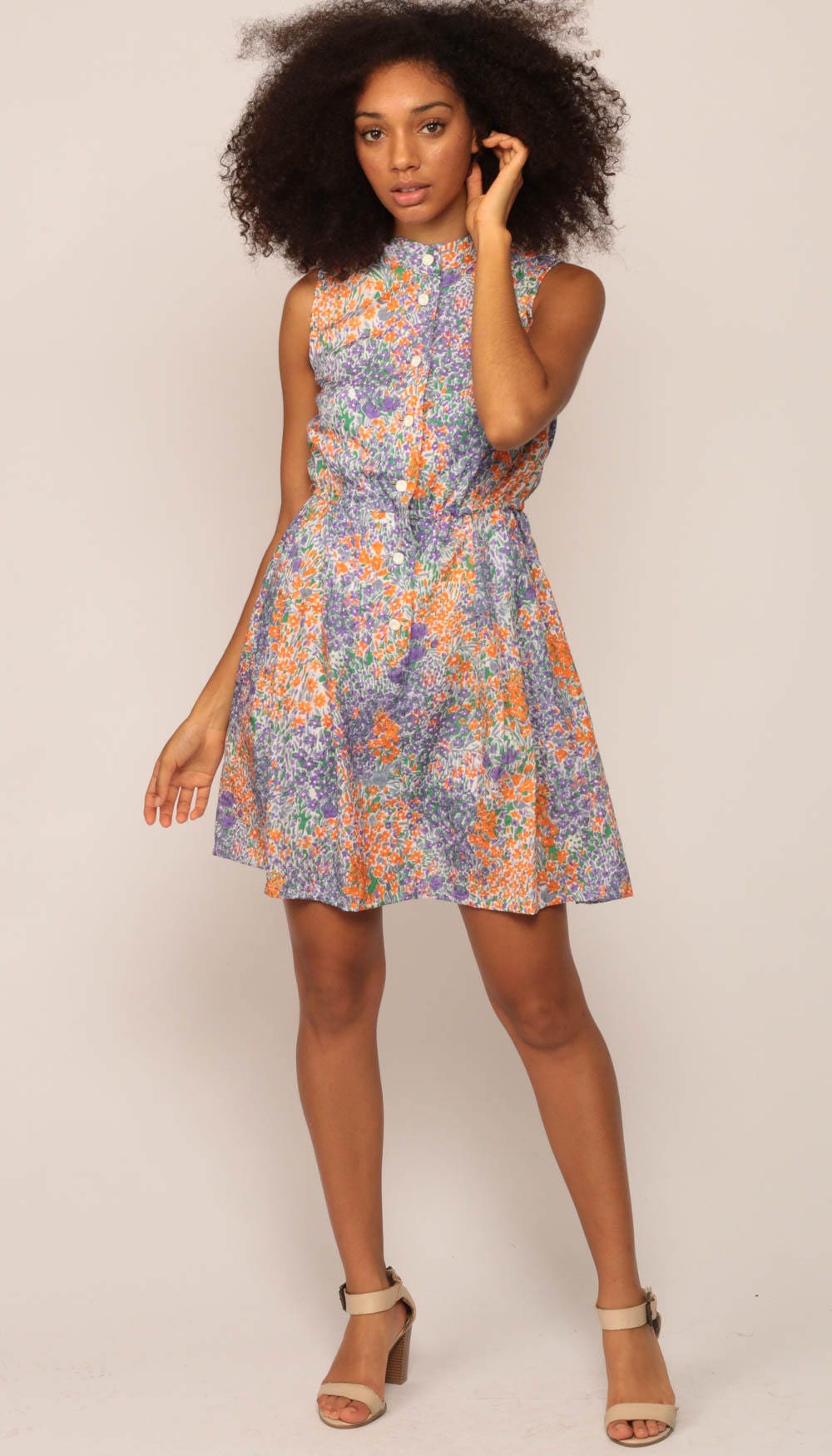 70s Floral Mini Dress Purple Orange Button Up Sleeveless High Waist Small