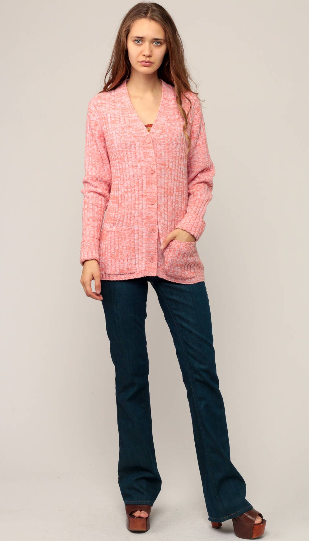 70s Space Dye Cardigan Sweater Orange Pink Ribbed Knit Button Up Medium