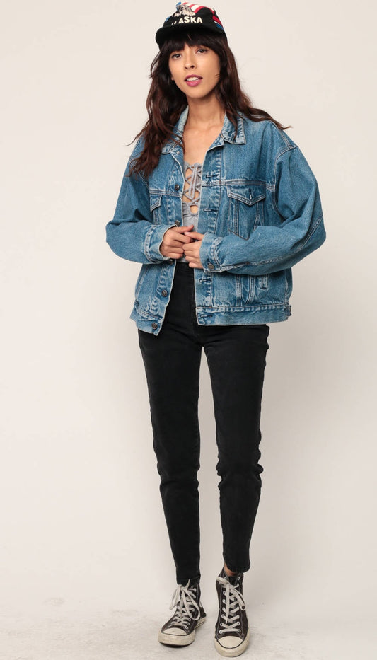 80s Blue Stone Wash Denim Jacket Plaid Lined Trucker Large