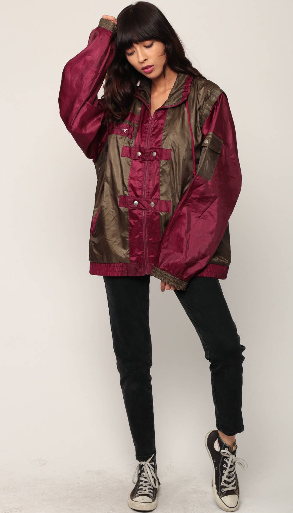 90s Color Block Windbreaker Jacket Removable Sleeves Red Brown Large