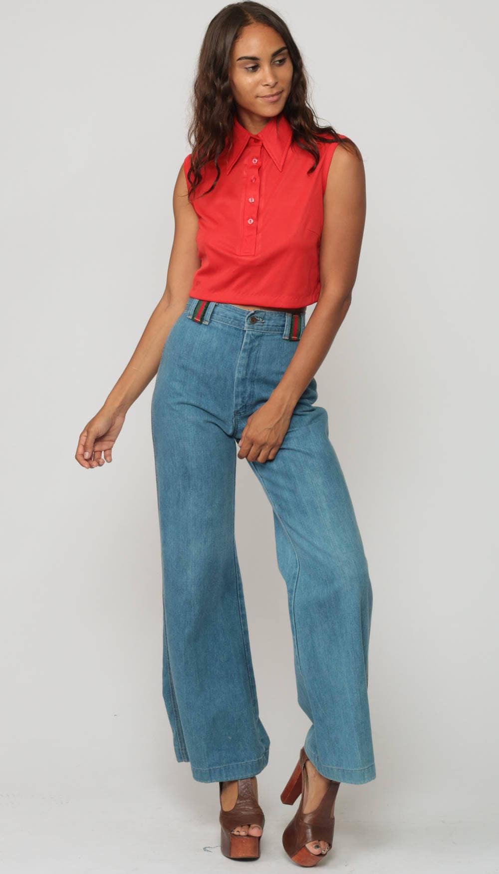 70s Red Sleeveless Tank Top Crop Polo Button-Up Large