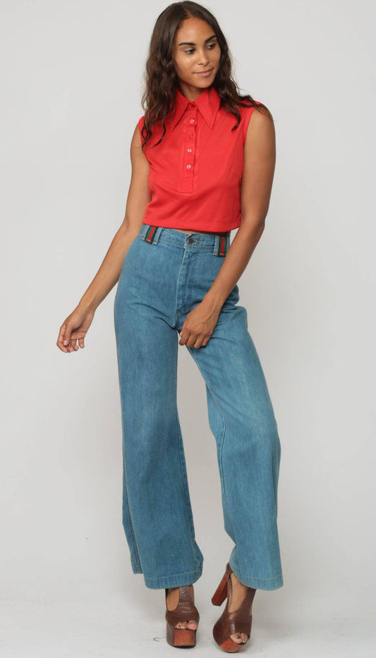 70s Red Sleeveless Tank Top Crop Polo Button-Up Large