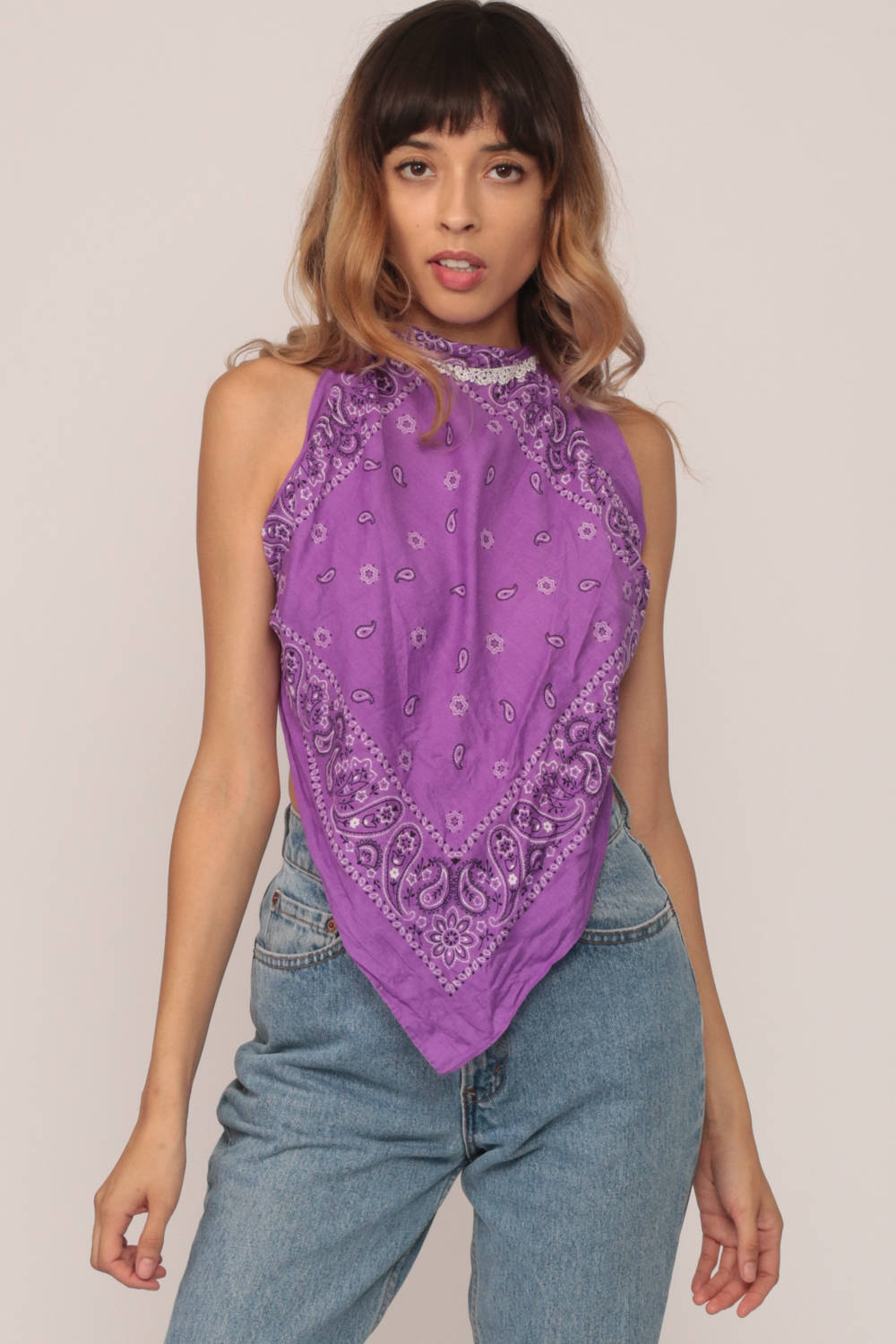 90s Bandana Print Tank Top Scarf Hem Backless Purple Medium Large