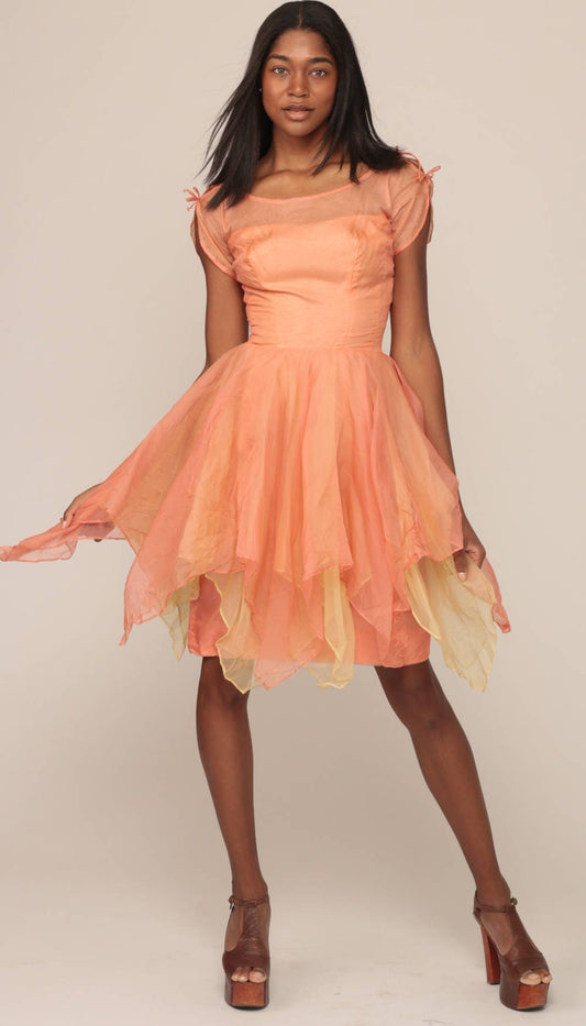 1950s Peach Chiffon Party Dress Illusion Neckline Mini Extra Small
