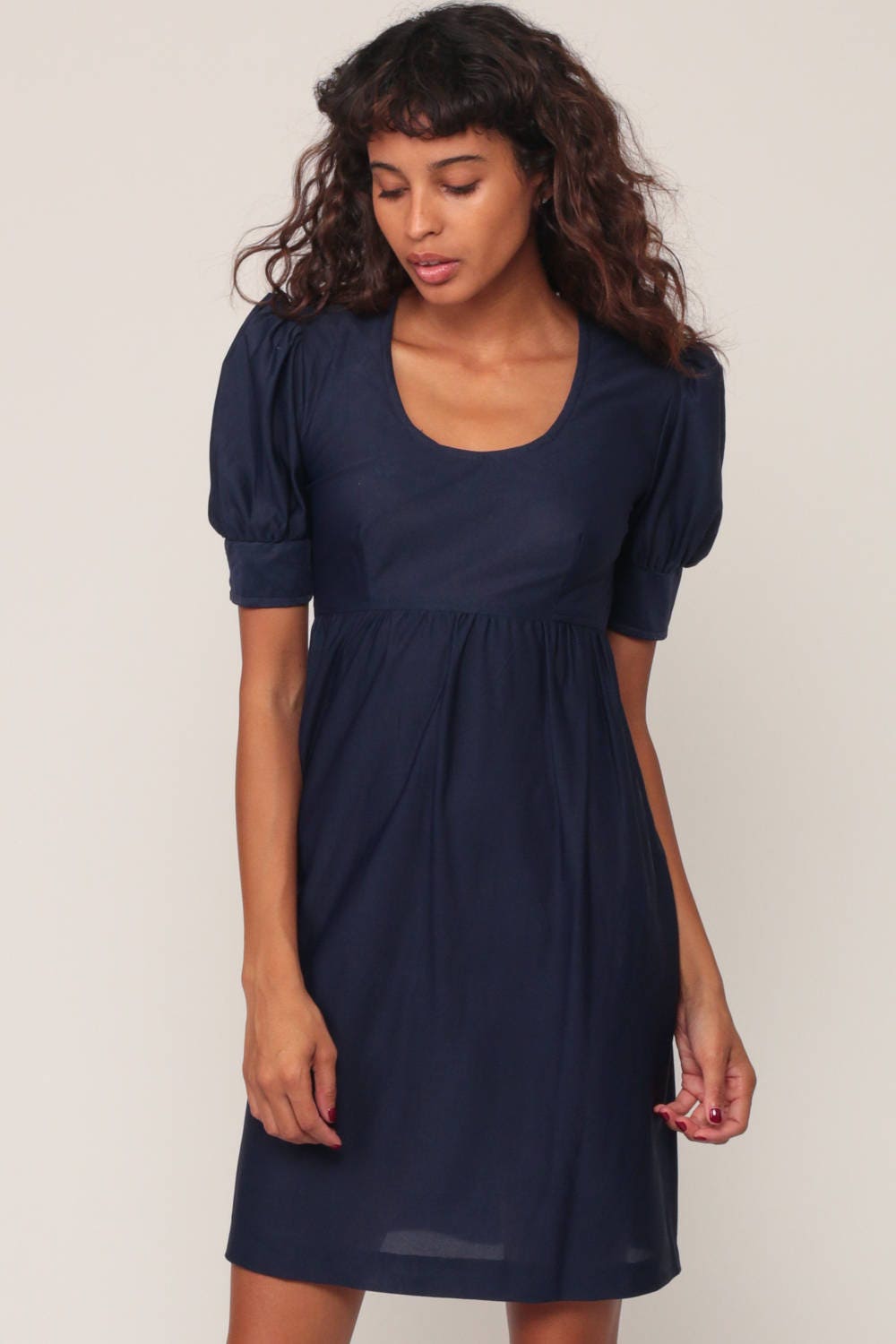 60s Navy Babydoll Mini Dress Empire Waist Puff Sleeve – Shopexile