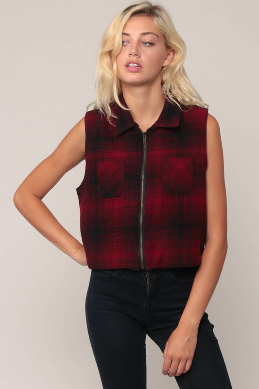 90s Black Red Plaid Wool Vest Zip-Up Sleeveless Medium