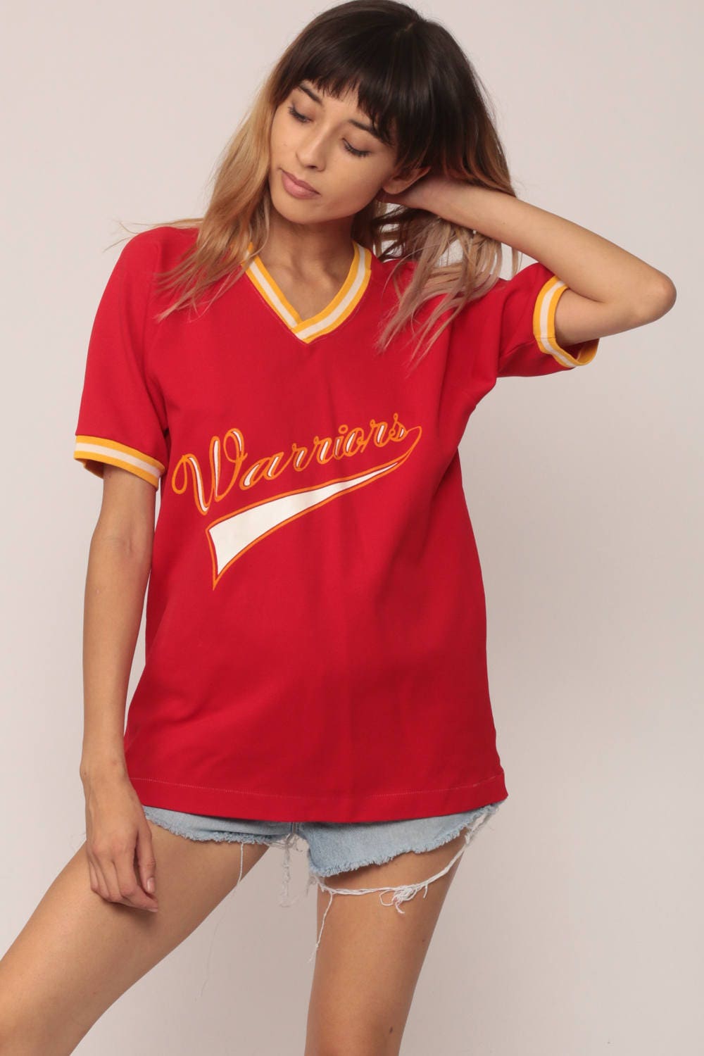 80s Warriors 11 Baseball Tee Ringer Shirt Red V-Neck Graphic Medium