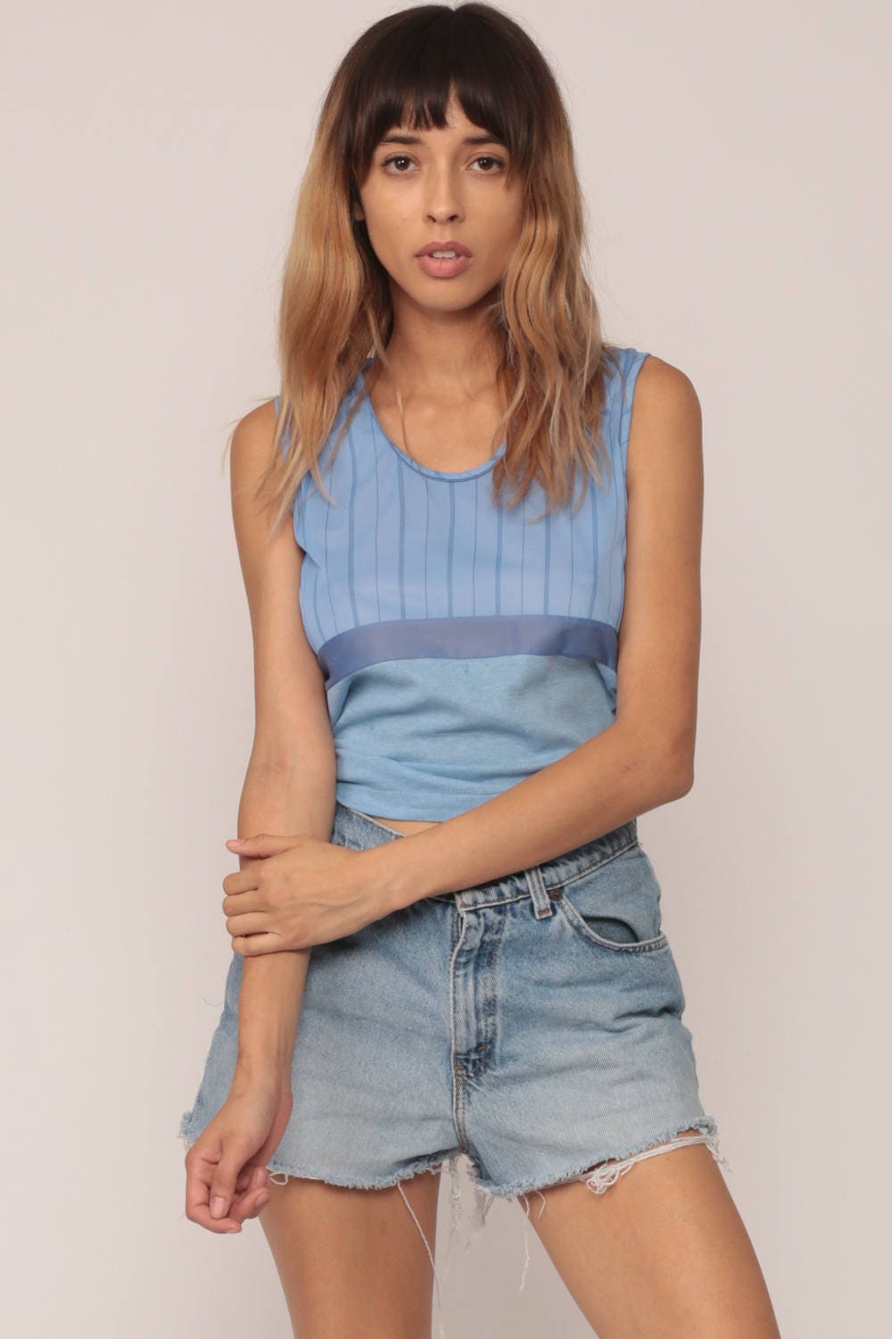 80s Blue Striped Tank Top Nylon Sleeveless Shirt Small