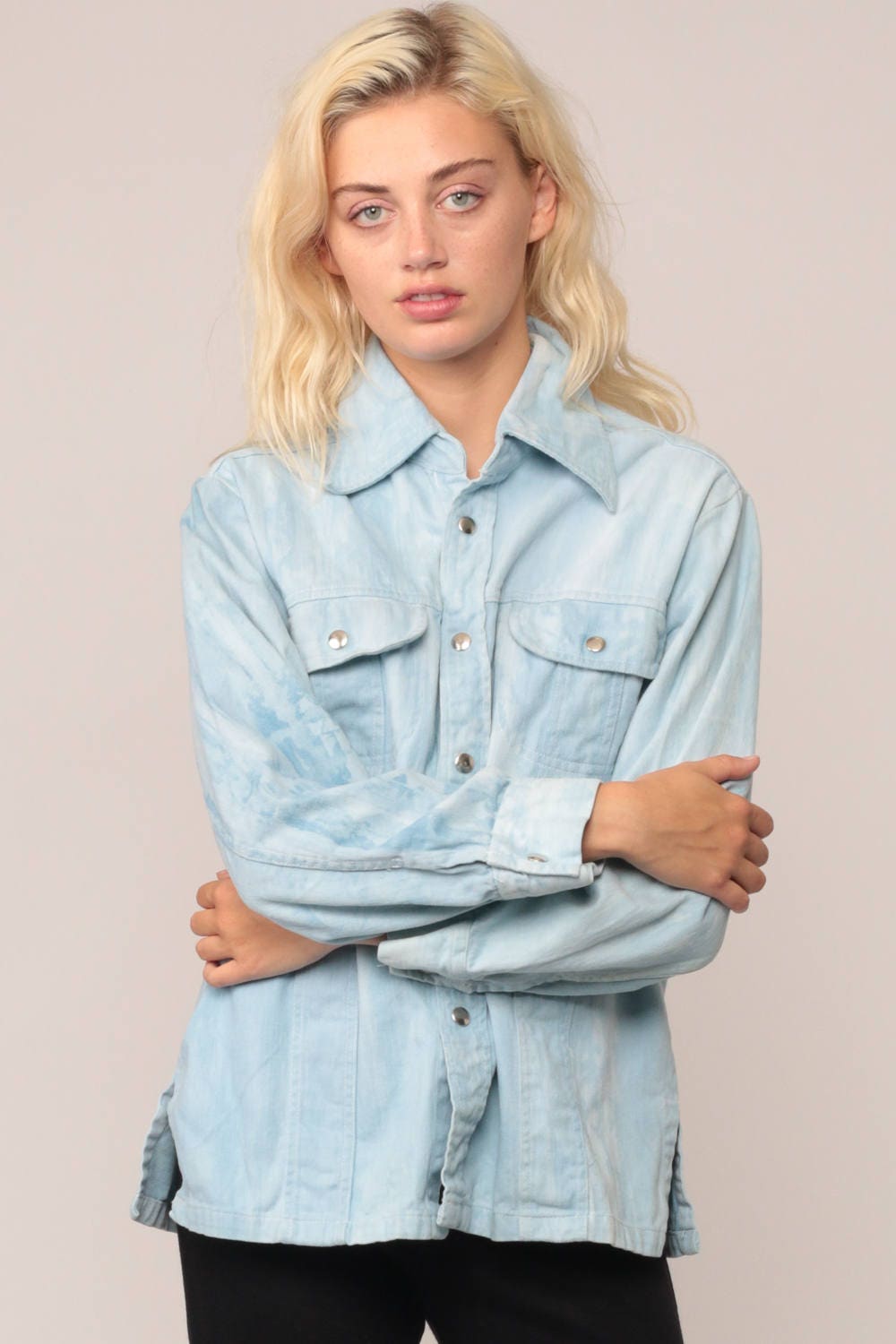 70s Blue Denim Button-Up Shirt Long Sleeve Snap Front Large