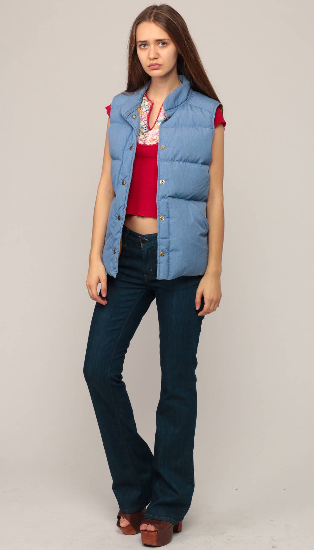 70s Goose Down Puffer Vest Blue Sleeveless Unisex Extra Small