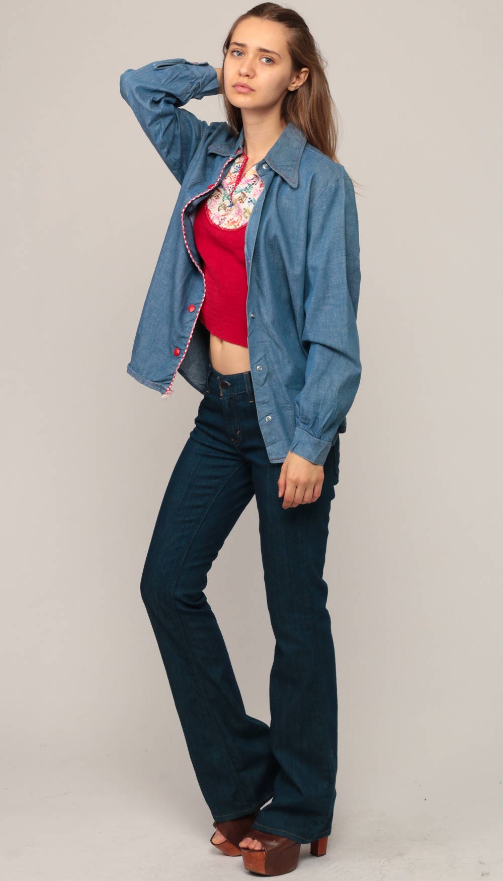 70s Blue Denim Shirt Red Snap Button Up Long Sleeve Unisex Large