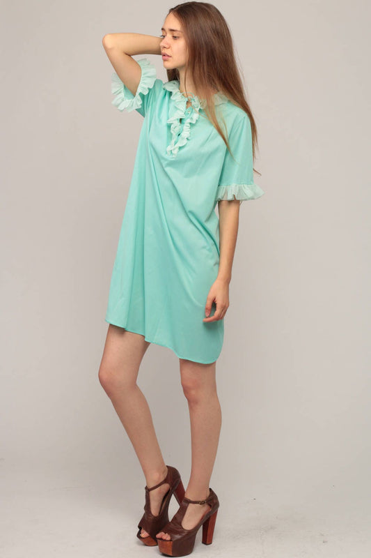 70s Seafoam Blue Babydoll Nightgown Mini Ruffle Trim Small Medium