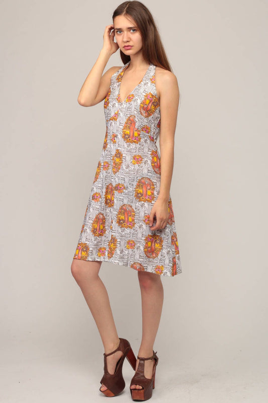 70s Halter Neck Mini Dress Floral Lady Print Deep V Open Back Medium