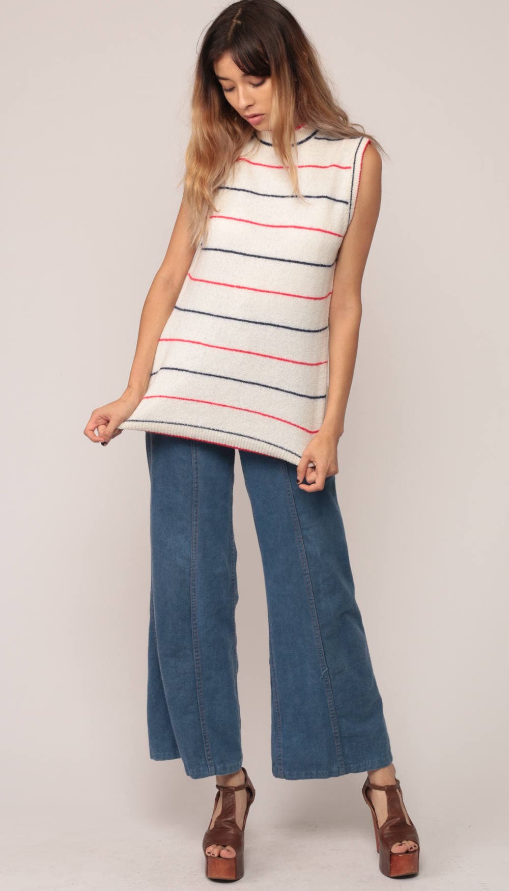 70s Striped Knit Tank Top Sleeveless Sweater Red White Blue Small Medium