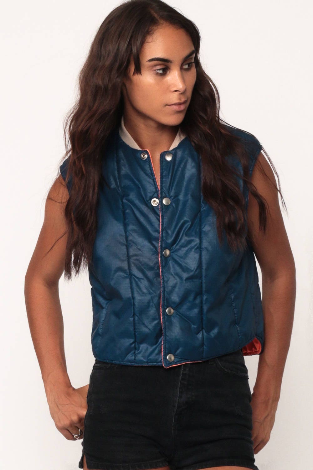 70s 80s Reversible Puffer Vest Blue Orange Sleeveless Jacket Extra Small