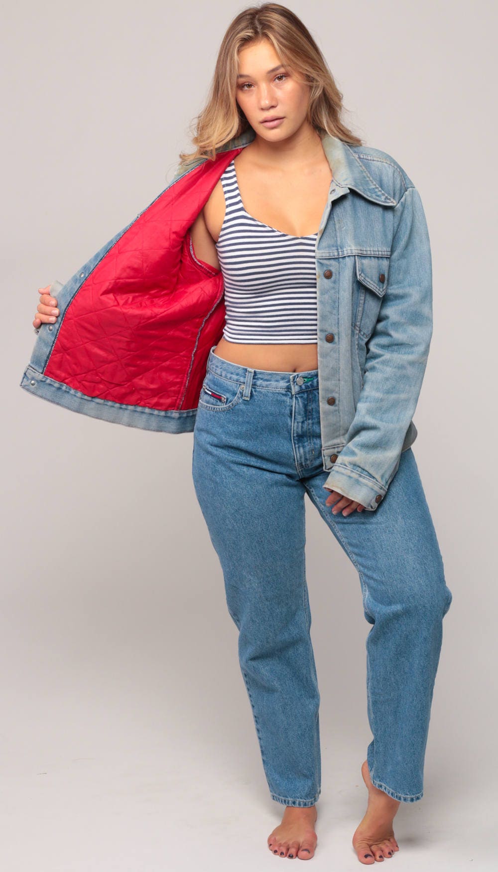 70s Blue Denim Jacket Quilted Red Lining Unisex Snap Front Extra Large