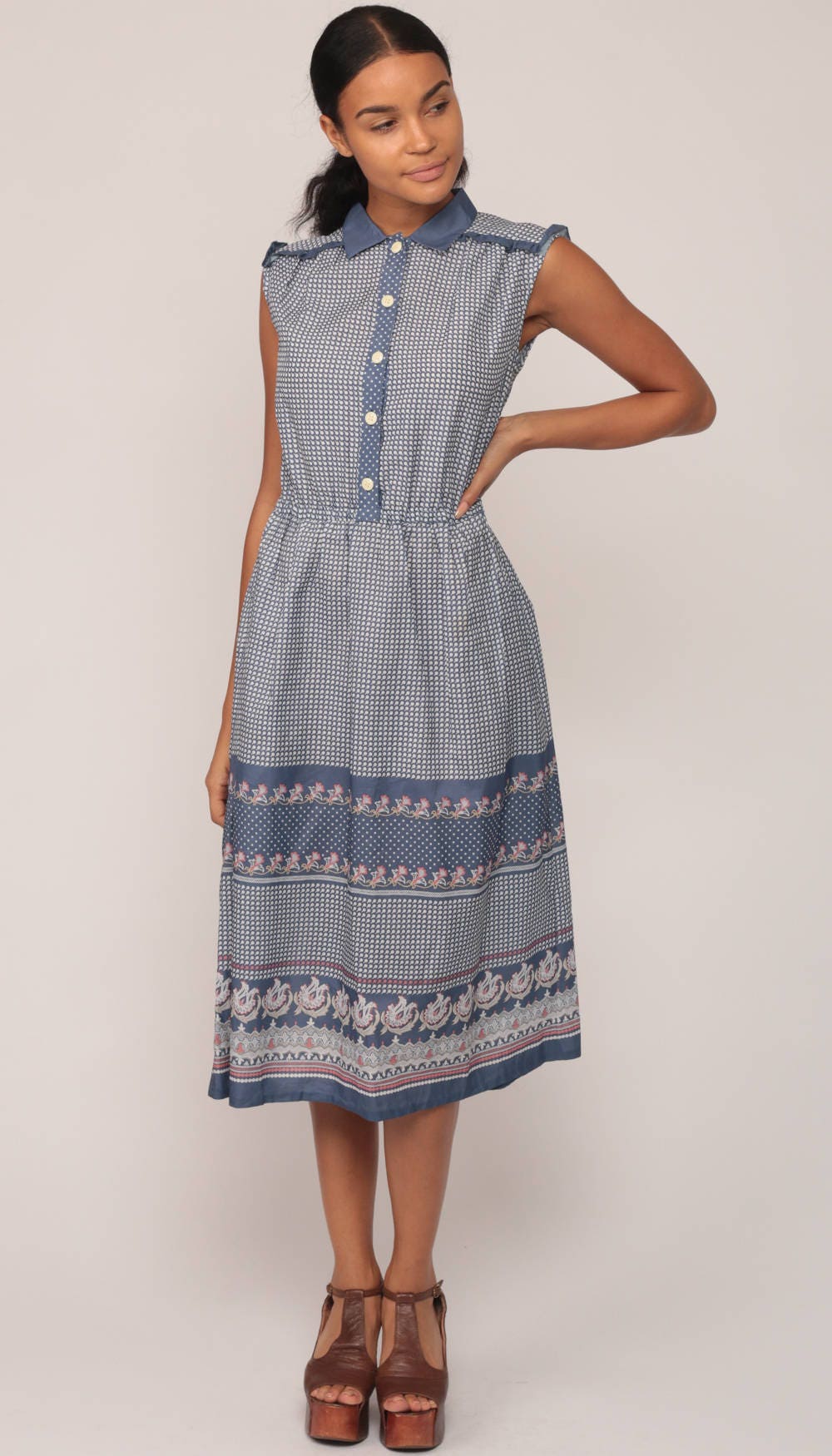 70s Blue Geometric Dot Print Midi Dress High Waist Button Up Collar Large