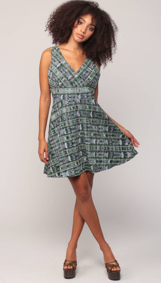 90s Tribal Print Babydoll Dress Empire Waist Mini Green Medium Large