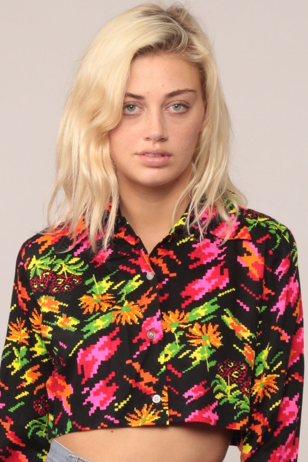70s Pixelated Floral Crop Top Button-Up Blouse Neon Long Sleeve Small