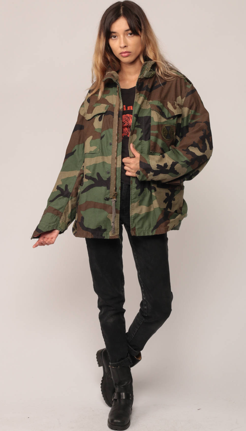 80s Camo Military Jacket Olive Green Brown Cargo Zip Unisex Small