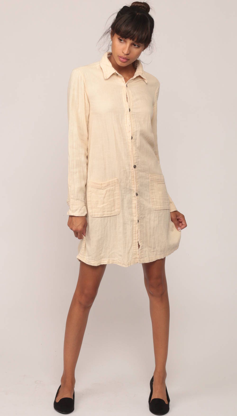 90s Cream Cotton Button-Up Mini Shirtdress Long Sleeve Extra Small XS
