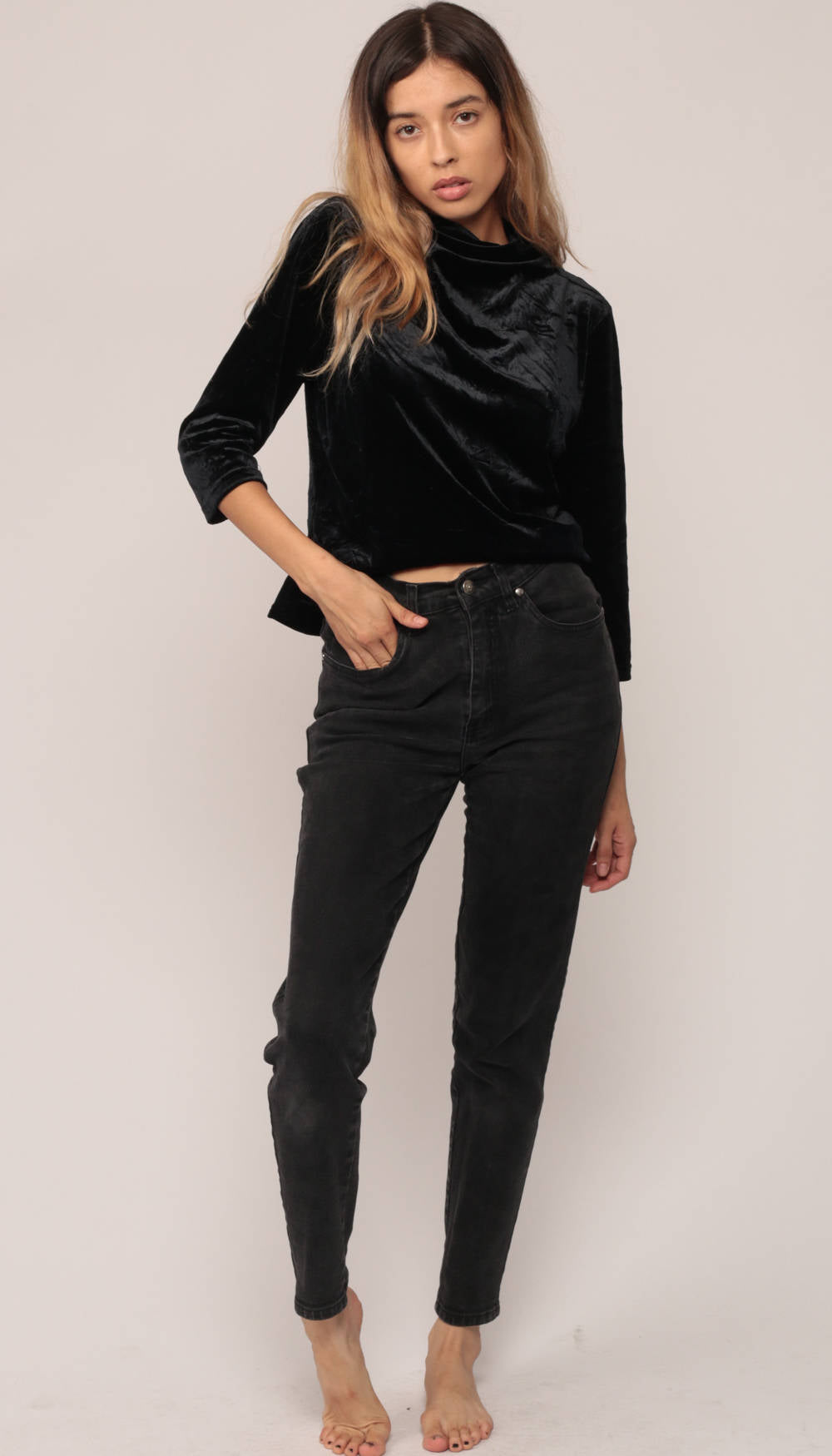 90s Black Velvet High Neck Long Sleeve Top Large