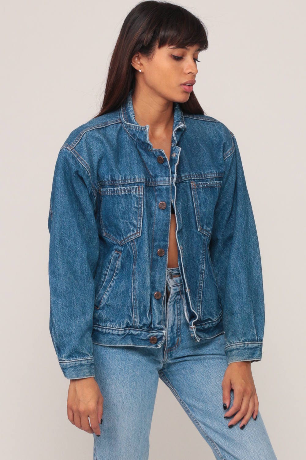 80s Blue Denim Trucker Jacket Stone Wash Jean Coat Small