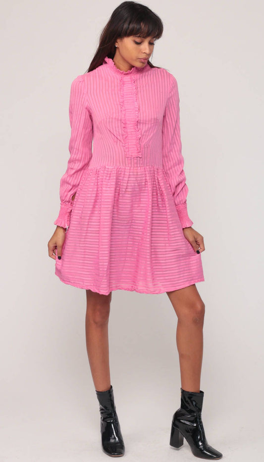 60s Pink Mod Mini Dress Ruffle Chest Long Sleeve Small