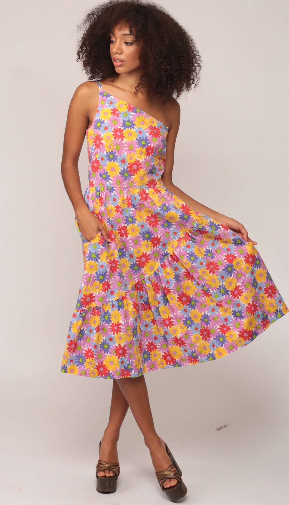 70s Lanz Floral One-Shoulder Midi Dress High Waist Pocket Cotton Extra Small