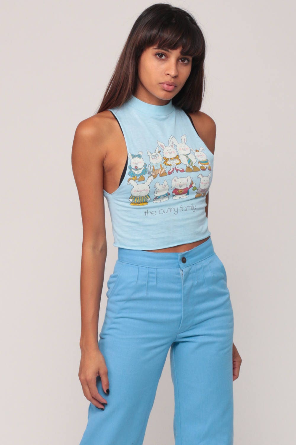 80s Bunny Family Crop Tank Top Baby Blue Graphic Tee Extra Small XXS
