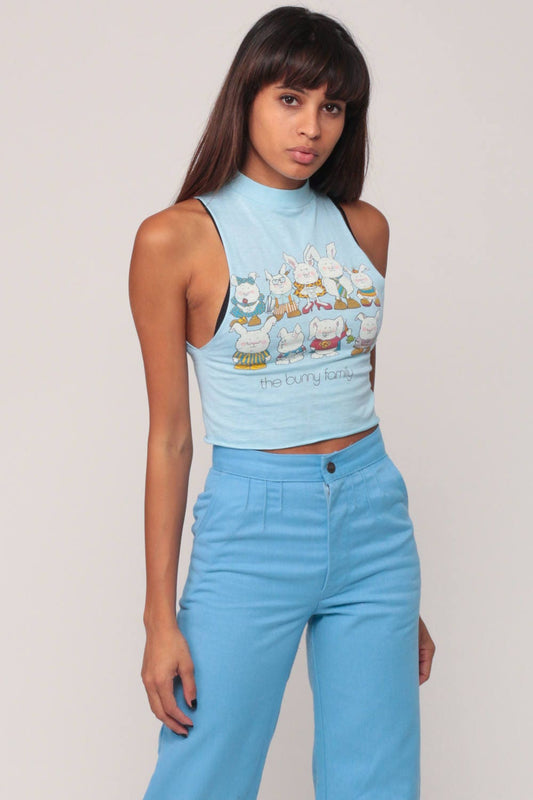 80s Bunny Family Crop Tank Top Baby Blue Graphic Tee Extra Small XXS