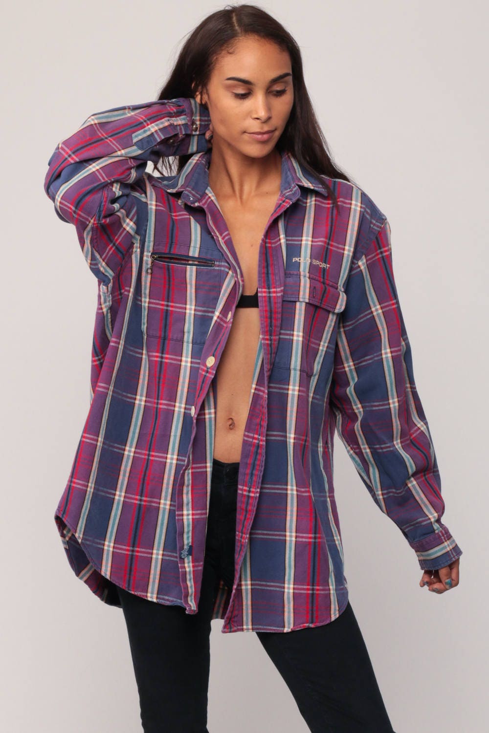 Polo Sport 90s Plaid Shirt Purple Blue Cotton Button-Up Extra Large XL