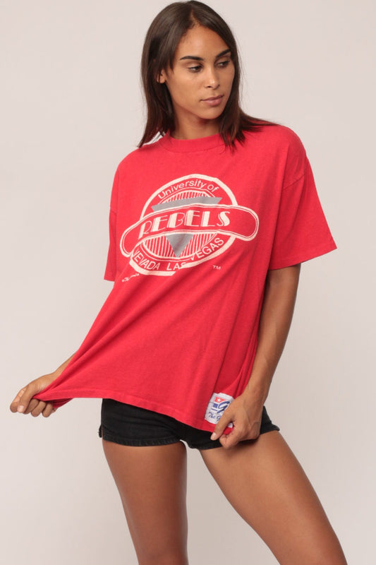 80s University of Nevada Las Vegas Rebels Graphic T-Shirt Red Large